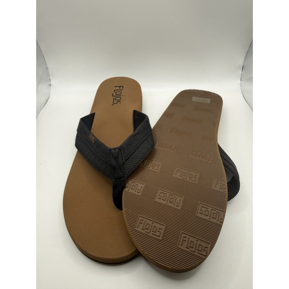 Flojos Ryan Mens US 12 Sandals Black Tan Faux Leather Slip-On Open Toe Flip Flop